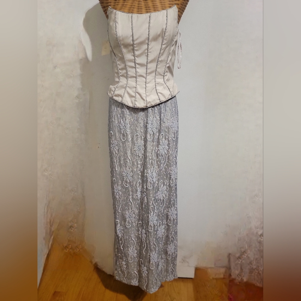 Bob Mackie Strapless Dress with Cream Bodice and Gray Lace Skirt